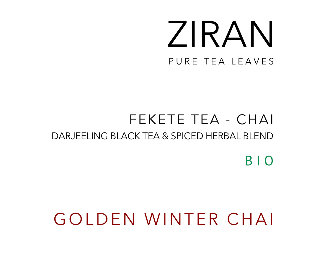 ZIRAN - kiváló minőségű, különleges, fűszeres indiai fekete tea - chai. Legjobb minőségű alapanyagokból, ellenőrzött bio ültetvényről, bio fűszerekkel. 