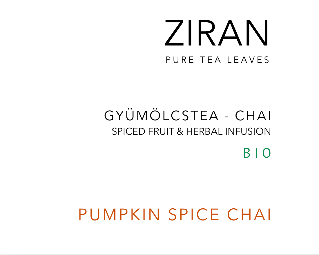 ZIRAN - kiváló minőségű, különleges, fűszeres gyümölcs tea - chai. Sütőtök alapú. Ellenőrzött bio alapanyagokból. 